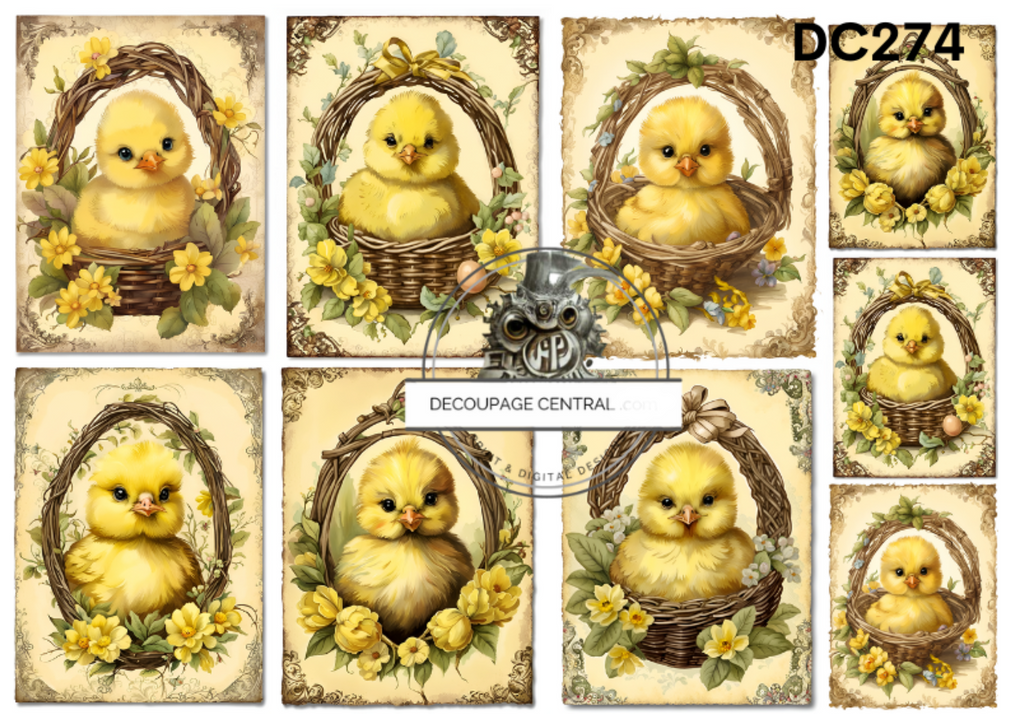 Nine images of yellow chick in basket with yellow flowers. Decoupage Central A4 Decoupage Paper for crafting.