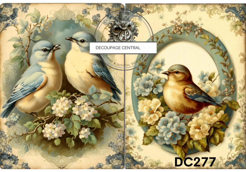 wo images of yellow and blue birds in floral wreaths. Decoupage Central A4 Decoupage Paper for crafting.