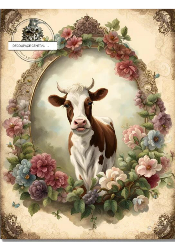 Brown and white cow in floral wreath. Decoupage Central rice paper.