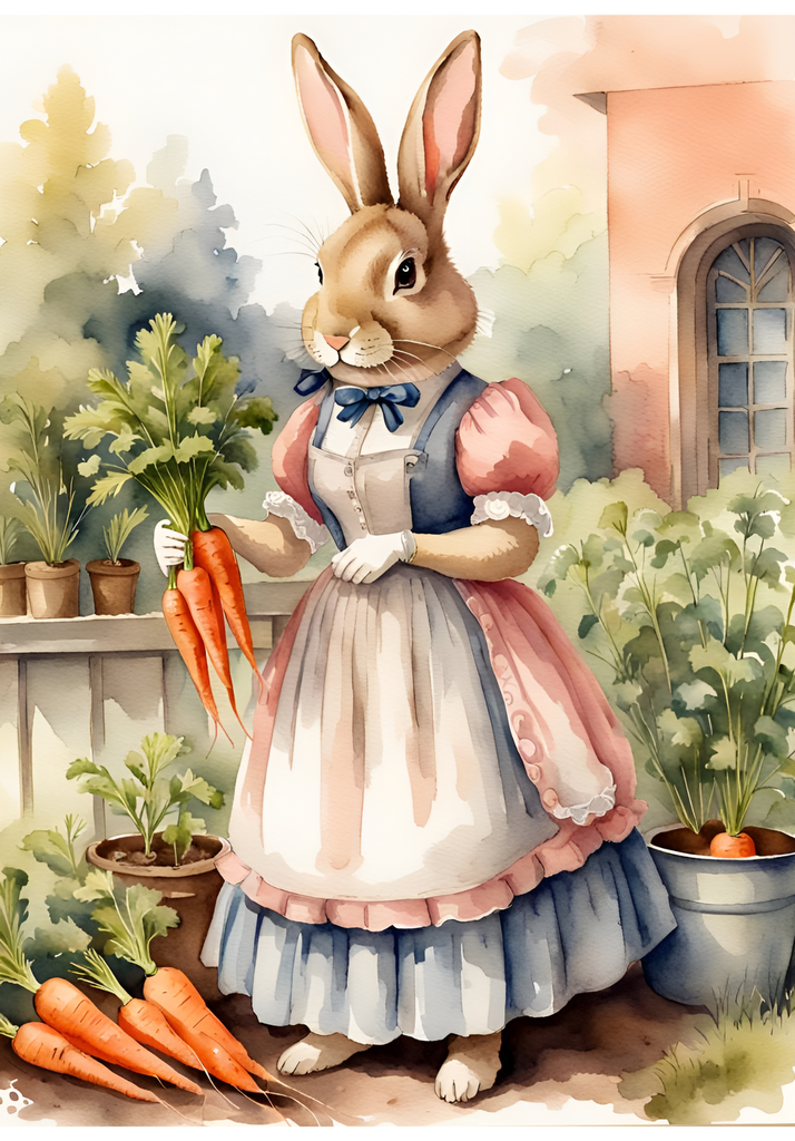 Girl bunny dressed in human clothing holding carrots in garden. Decoupage Central A4 Decoupage Paper for crafting.