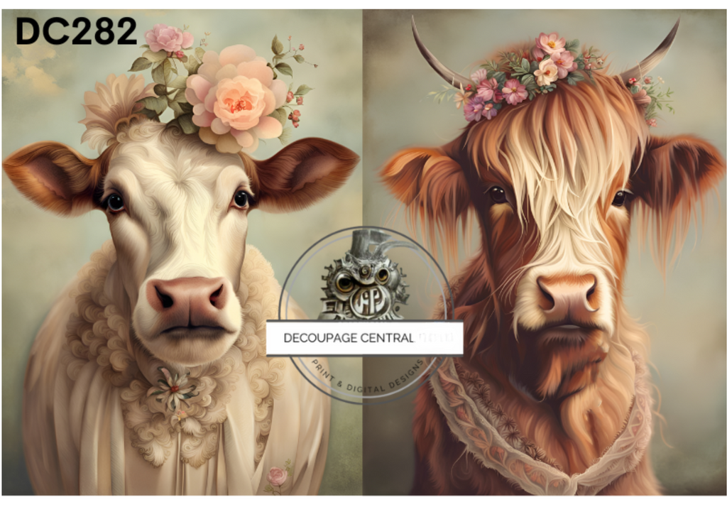 Two cows wearing vintage clothing and flowers on head. Decoupage Central rice paper.