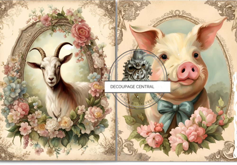 Pig in floral frame and goat in floral frame. Decoupage Central rice paper.