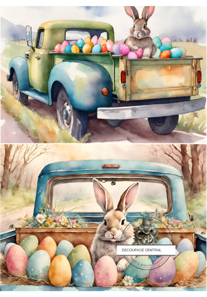 Two images of large brown bunny in vintage blue truck with colored eggs. Decoupage Central A4 Decoupage Paper for crafting.