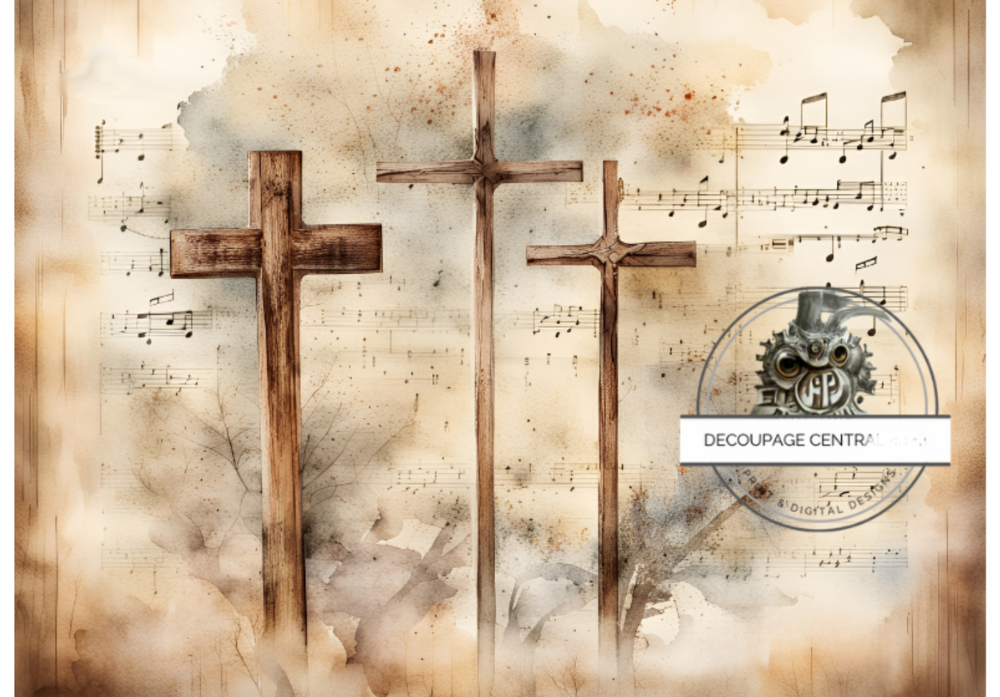 Three crosses with music notes on sepia background. Decoupage Central A4 Decoupage Paper for crafting.