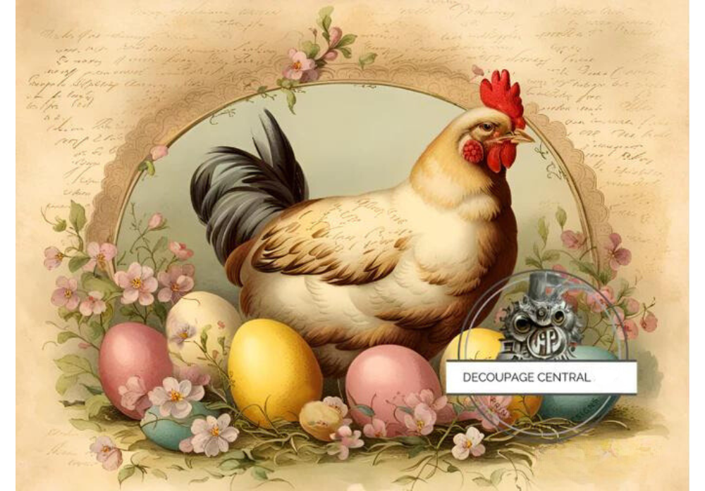 Hen and colorful eggs on vintage script sepia background. Decoupage Central A4 Decoupage Paper for crafting.
