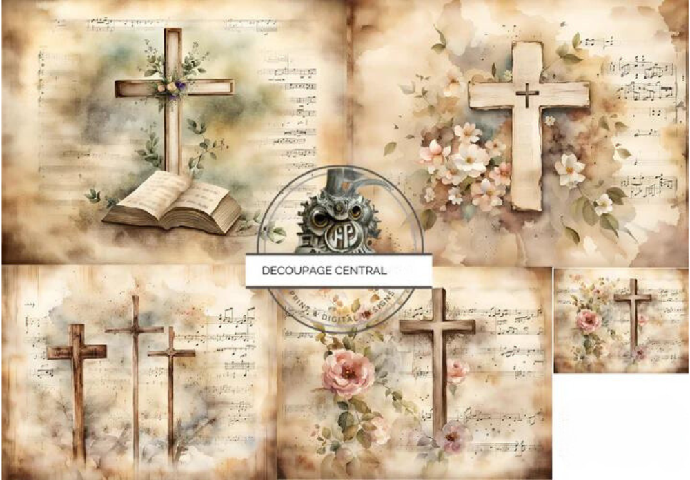 Five images of crosses, music notes and greenery on vintage brown background. Decoupage Central A4 Decoupage Paper for crafting.