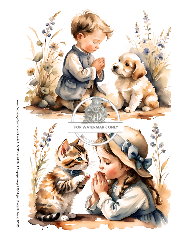 2 images of little boy an little girl praying with a yellow dog and cat Decoupage Central rice paper