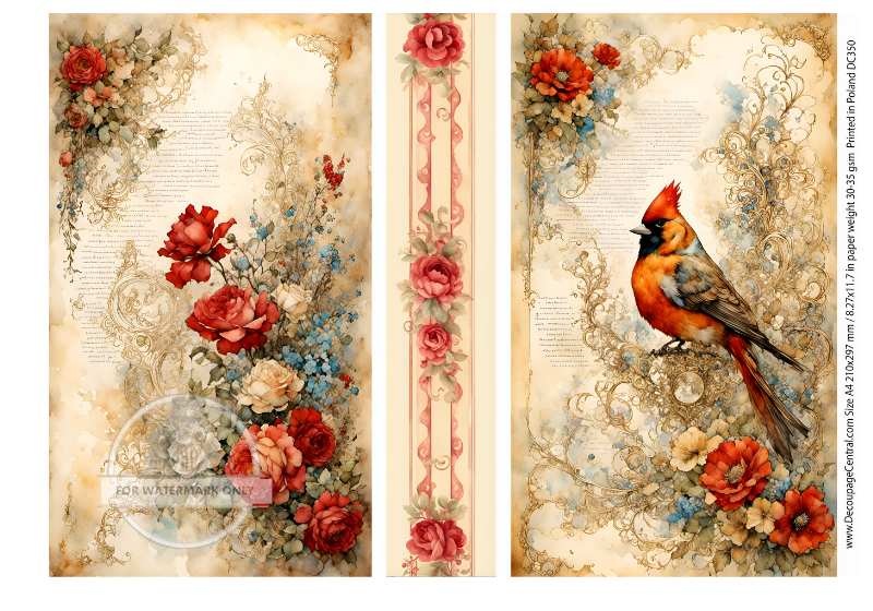 Dual image red flowers and red cardinal. Decoupage Central A4 Rice Paper for decoupage art and scrapbooking.