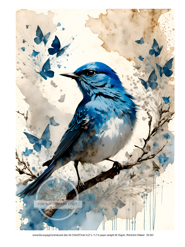 Bluebird on branch with blue Butterflies. Decoupage Central A4 Rice Paper for decoupage art and scrapbooking.