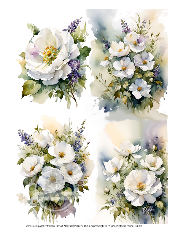 white and purple flowers in four panels Decoupage Central Rice Paper