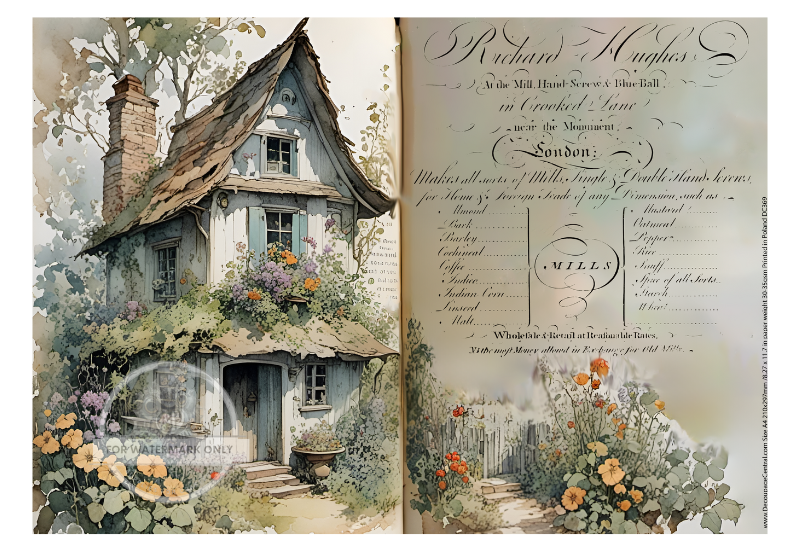 Vintage cottage house and second image of menu with orange flowers. Decoupage Central A4 Rice Paper for decoupage art and scrapbooking.