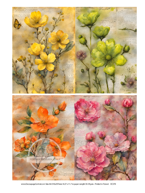 Four floral images in yellow, green orange and pink flowers. Decoupage Central A4 Rice Paper for decoupage art and scrapbooking.
