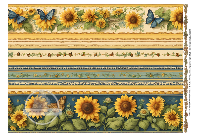 Borders and trims with Sunflowers and blue butterflies. Decoupage Central A4 Rice Paper for decoupage art and scrapbooking.