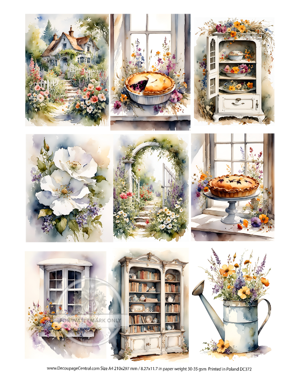 Images of a country home, flowers, pie bookcase and watering can. Decoupage Central A4 Rice Paper for decoupage art and scrapbooking.
