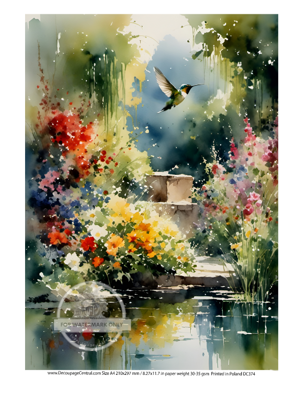 Hummingbird over floral garden and pond. Decoupage Central A4 Rice Paper for decoupage art and scrapbooking.