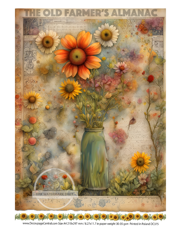 Sunflowers in vase. Decoupage Central A4 Rice Paper for decoupage art and scrapbooking.
