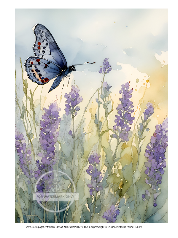 Blue butterfly on lavender flowers. Decoupage Central A4 Rice Paper for decoupage art and scrapbooking.