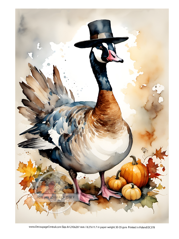 Goose in pilgrim hat with orange pumpkins Rice Paper from Decoupage Central