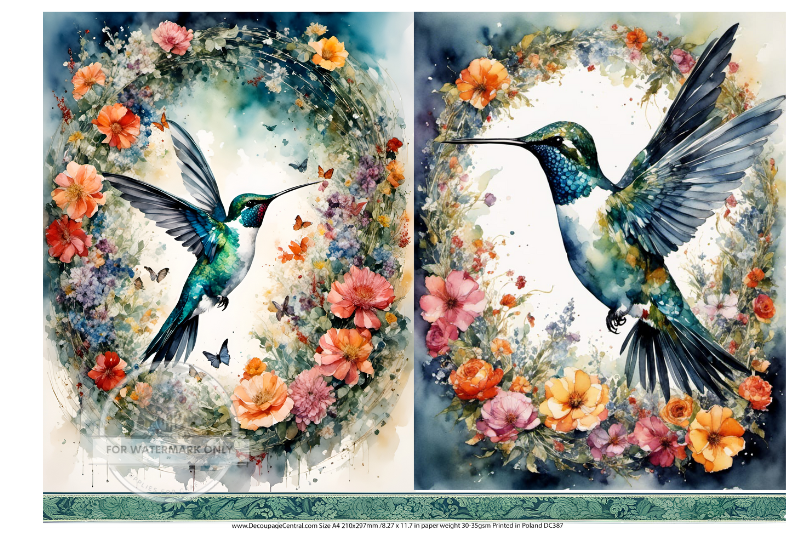 Green Hummingbirds in floral Wreaths Decoupage Central Rice Paper
