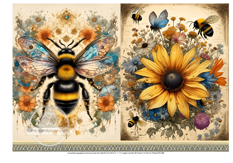 Large Bee and bees with yellow and blue flowers Decoupage Central Rice Paper