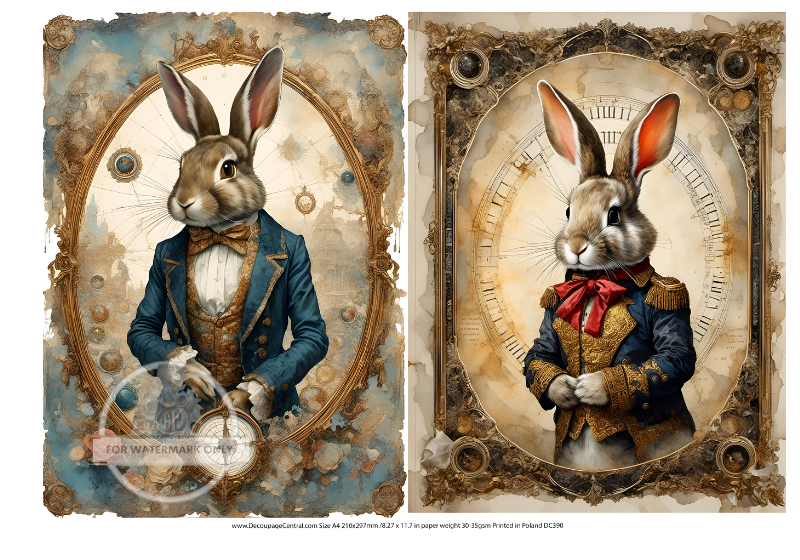 2 bunnies dressed in vintage clothes and oval frames Decoupage Central Rice Paper