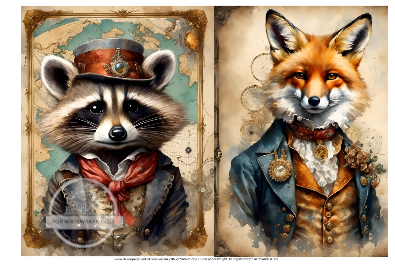 a Raccoon and Red Fox in vintage Clothes Decoupage Central Rice Paper