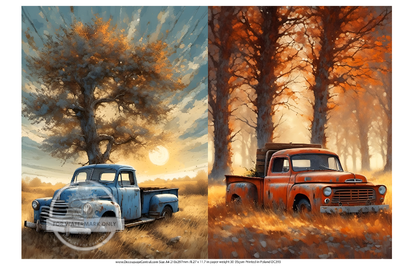 Blue and Orange trucks with fall trees Decoupage Central Rice Paper