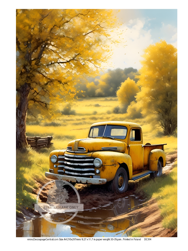yellow vintage truck in a field parked over a stream with trees with green leaves and green grass Decoupage Central Rice Paper