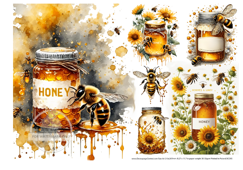 Honey jar with Giant Bees and sun flowers Decoupage Central Rice Paper