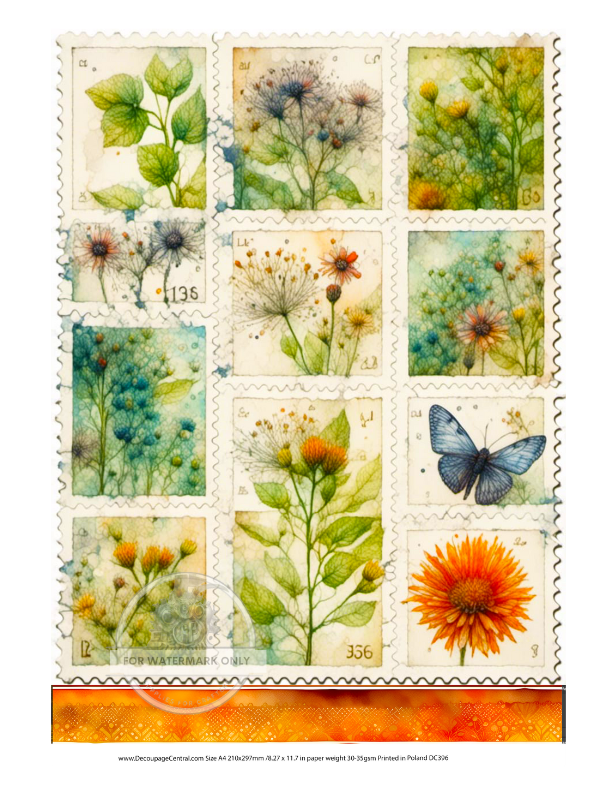 stamps with green leaves blue butterfly and orange flowers Decoupage Central Rice Paper