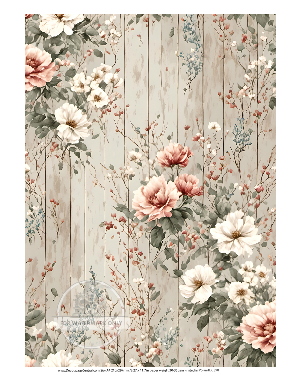 white panel fence with pink and white flowers Decoupage Central Rice Paper
