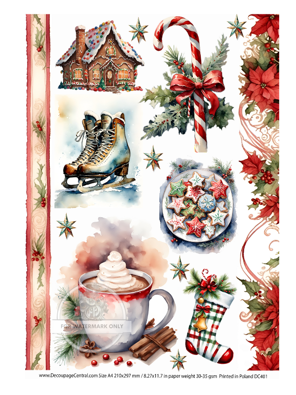 christmas elements on gingerbread candy cane ice skates, cookies and hot chocolate Rice Paper from Decoupage Central