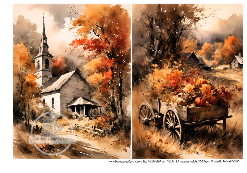 wood wagon with pumpkins and fall leaves and white country church Rice Paper from Decoupage Central