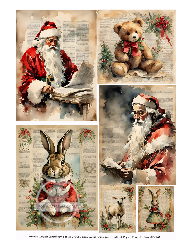 vintage santa, teddy bear and rabbit in red coat on vintage new paper Rice Paper from Decoupage Central