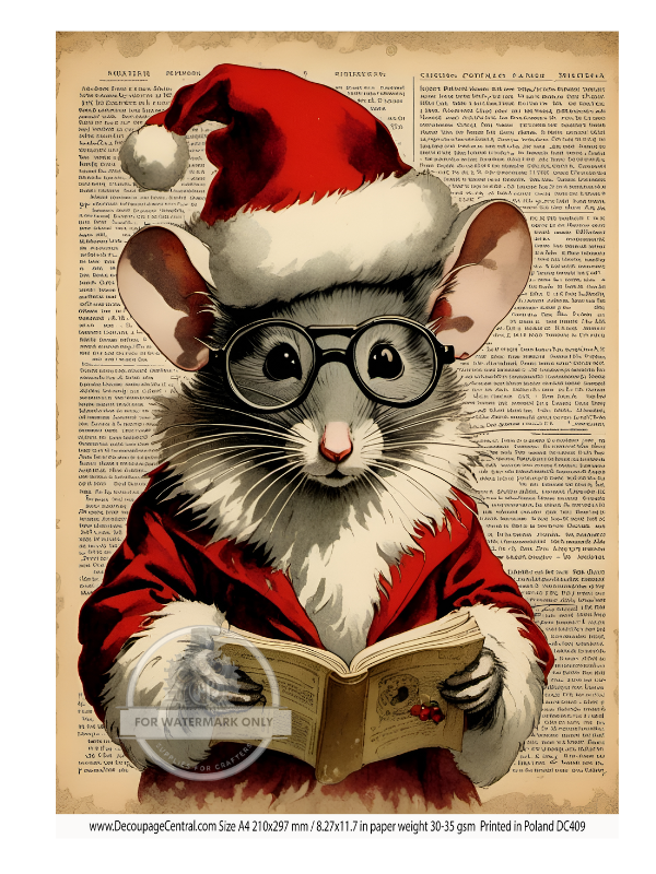 christmas mouse with black glasses and red santa suit on vintage new paper Rice Paper from Decoupage Central