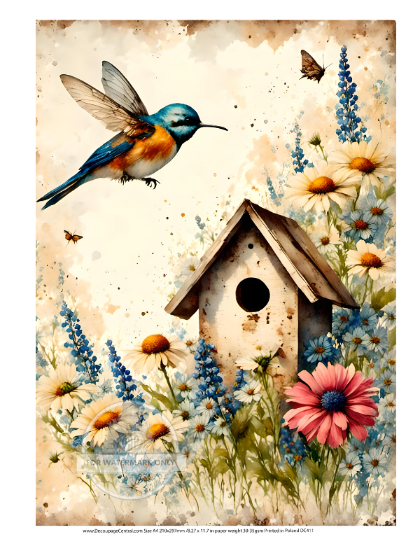 blue bird flying to a bird house with pink and blue flowers Decoupage Central Rice Paper