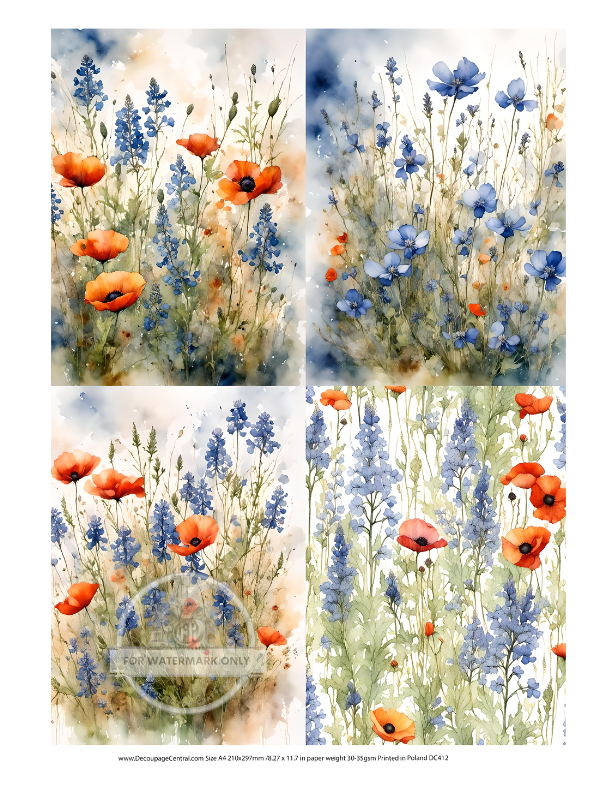 red and orange poppies with blue wildflowers in 4 panesl Decoupage Central Rice Paper