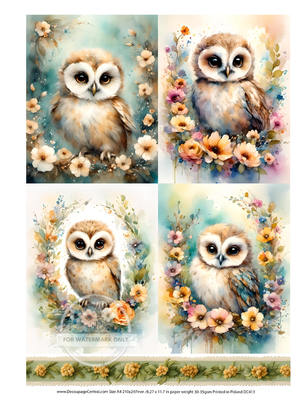 4 panels with baby owls in floral wreaths Decoupage Central Rice Paper