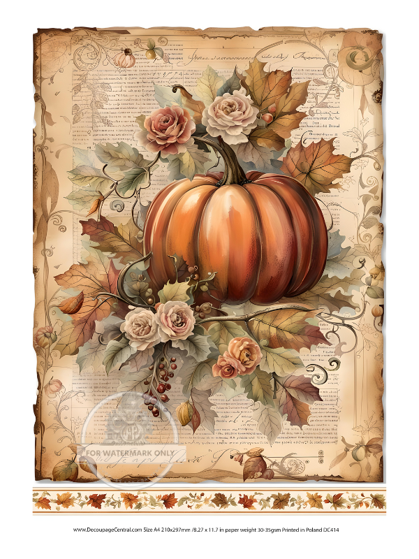 orange pumpkin with fall leaves and flowers on sepia with script Rice Paper from Decoupage Central