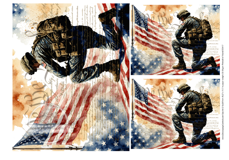 US Army soldier kneeling in front of the American Flag with a background of the Constitution parchment Decoupage Central Rice Paper 