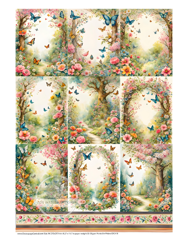 Butterflies in blue, oragne and pink with flowers and tree cards Decoupage Central Rice Paper