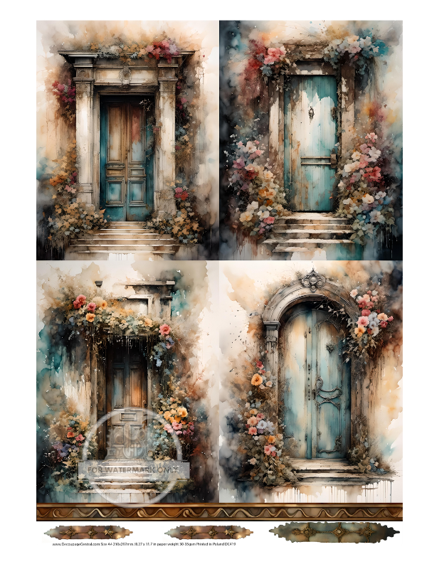 Vintage blue doors with flower boarders Decoupage Central Rice Paper
