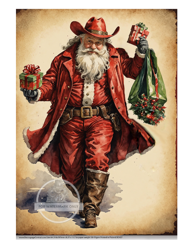 Cowboy santa with presents Rice Paper from Decoupage Central