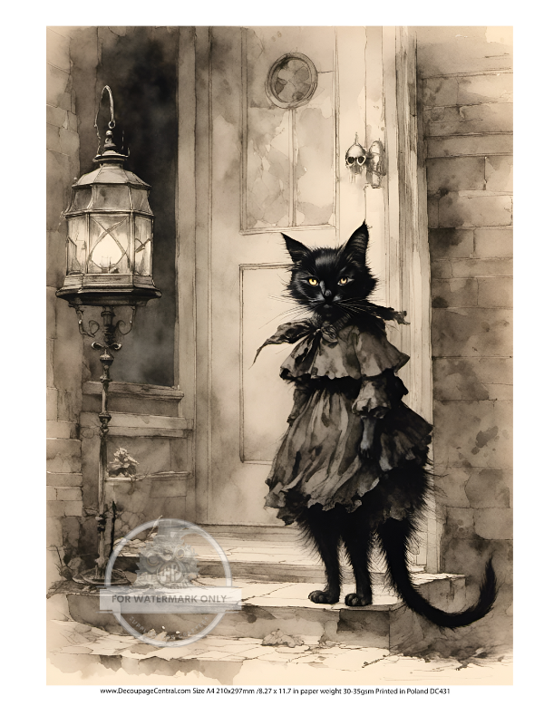 black cat in dress infront of white door Rice Paper from Decoupage Central