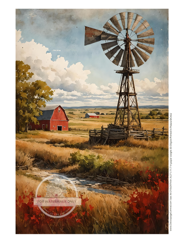  a farm setting with a red barn and windmill Decoupage Central Rice Paper