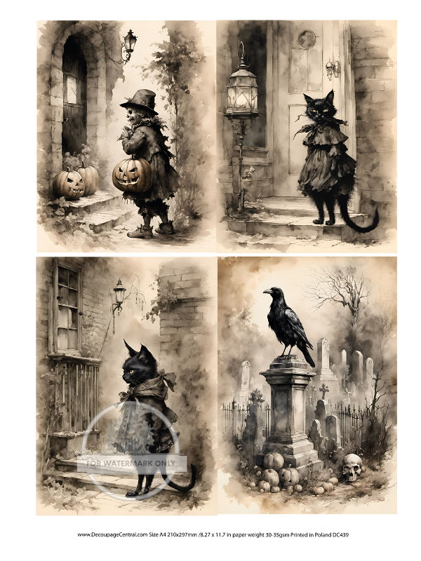 black cat in dress, skeleton scarecrow trick or treating and black raven on grave stone Rice Paper from Decoupage Central