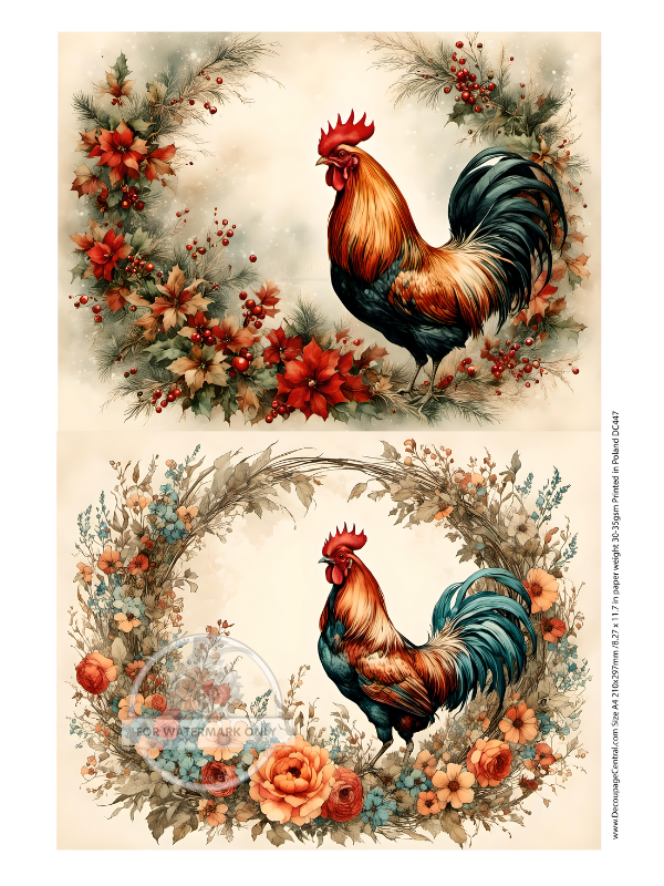 2 panels of colorful roosters in floral wreaths Decoupage Central Rice Paper
