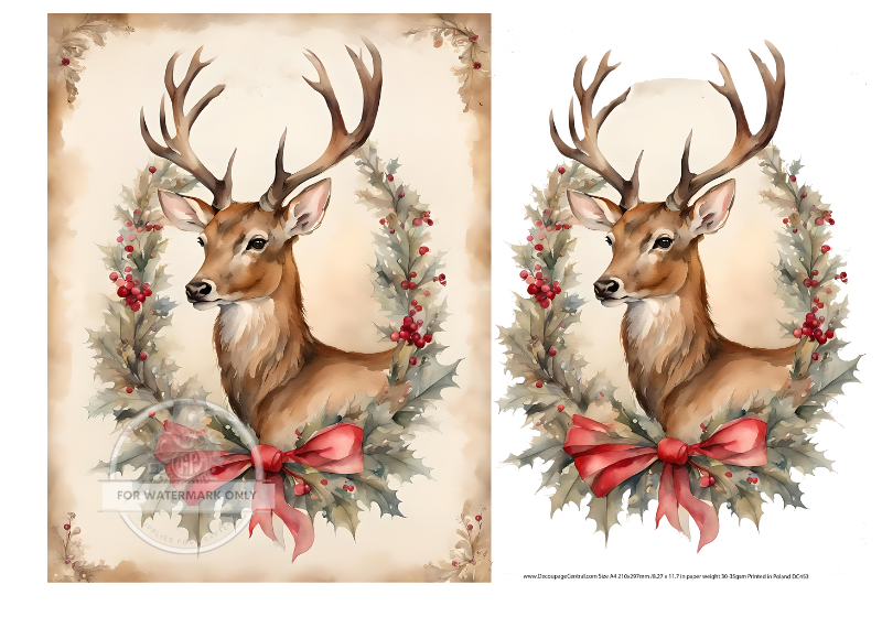 Stag in wreath with red berries Rice Paper from Decoupage Central