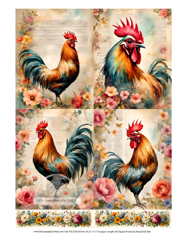 for panels with colorful Red Roosters on parchment paper with floral borders Decoupage Central Rice Paper