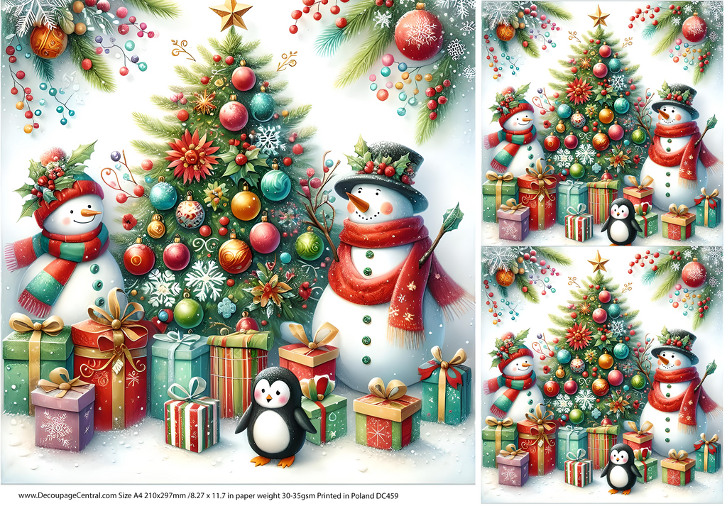 snowmen christmas tree with presents and penquin Rice Paper from Decoupage Central